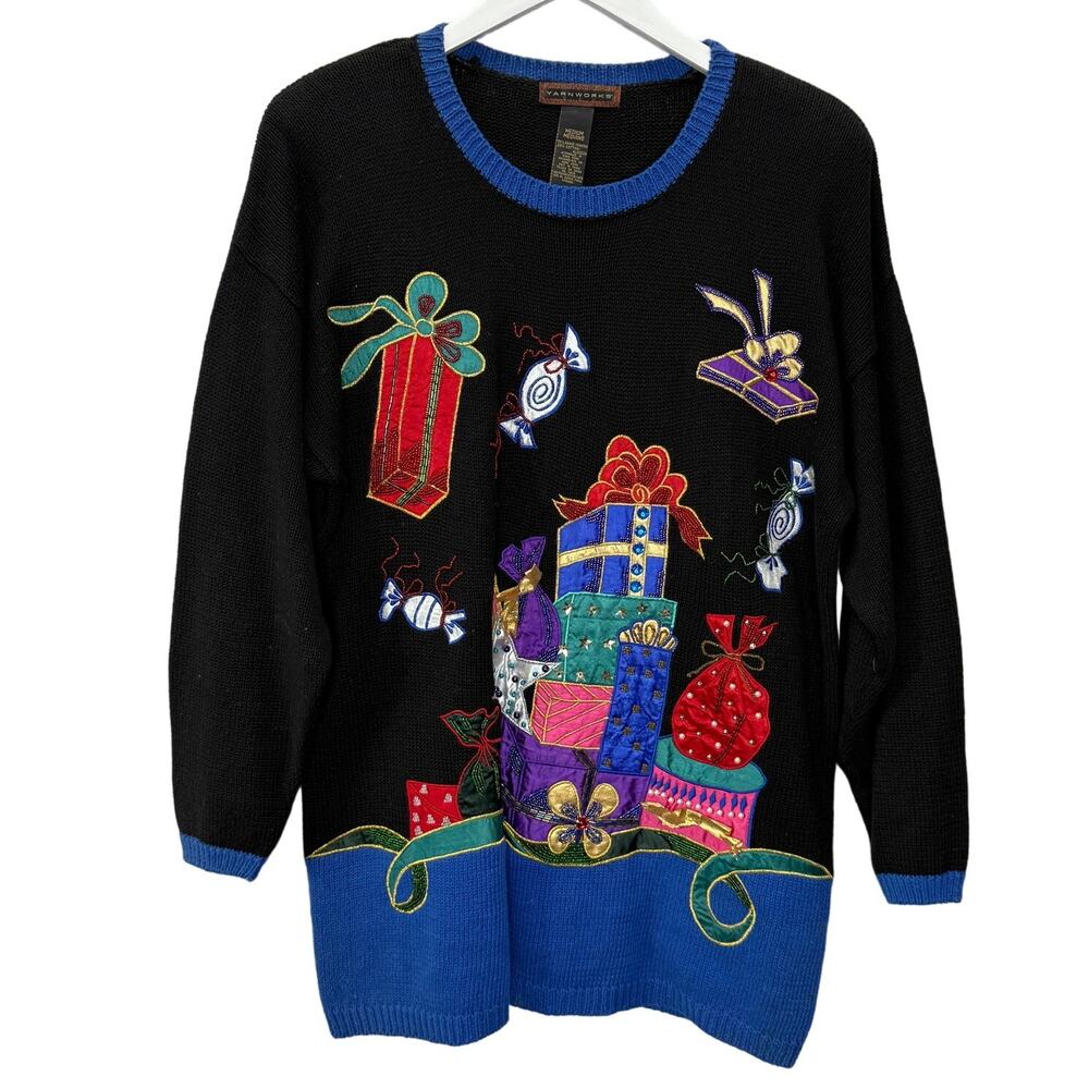Vintage Yarnworks Christmas Sweater Womens Size M Black Beaded Presents Candy